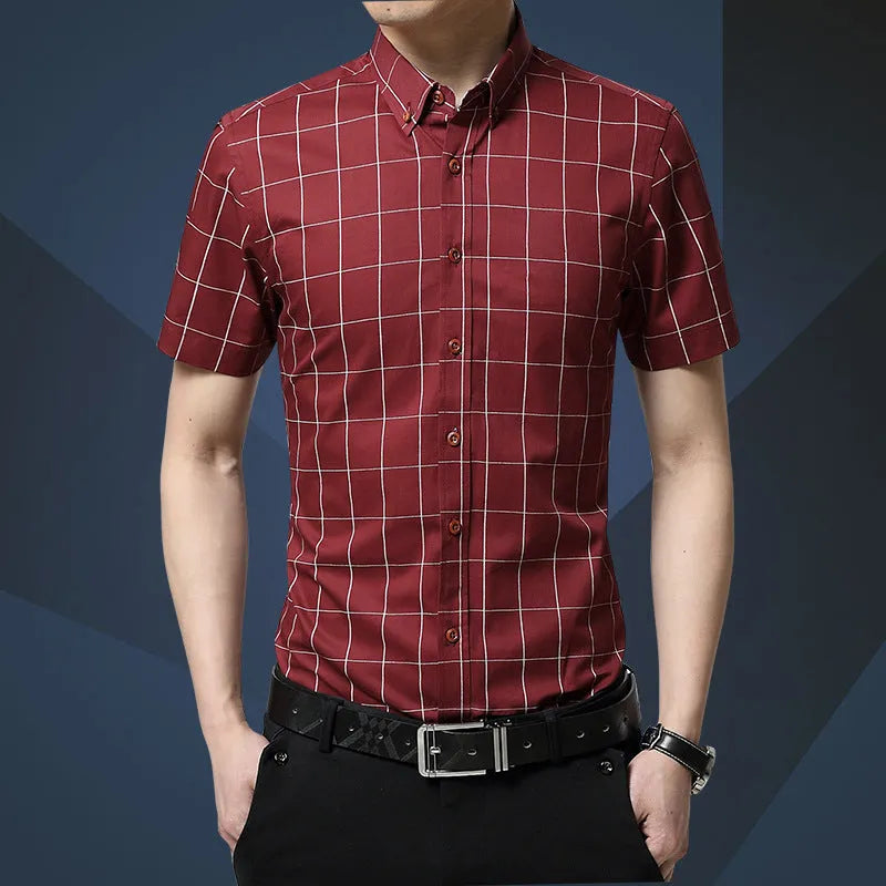 Men's casual short sleeve plaid shirt in red, slim fit cardigan style, cotton polyester blend