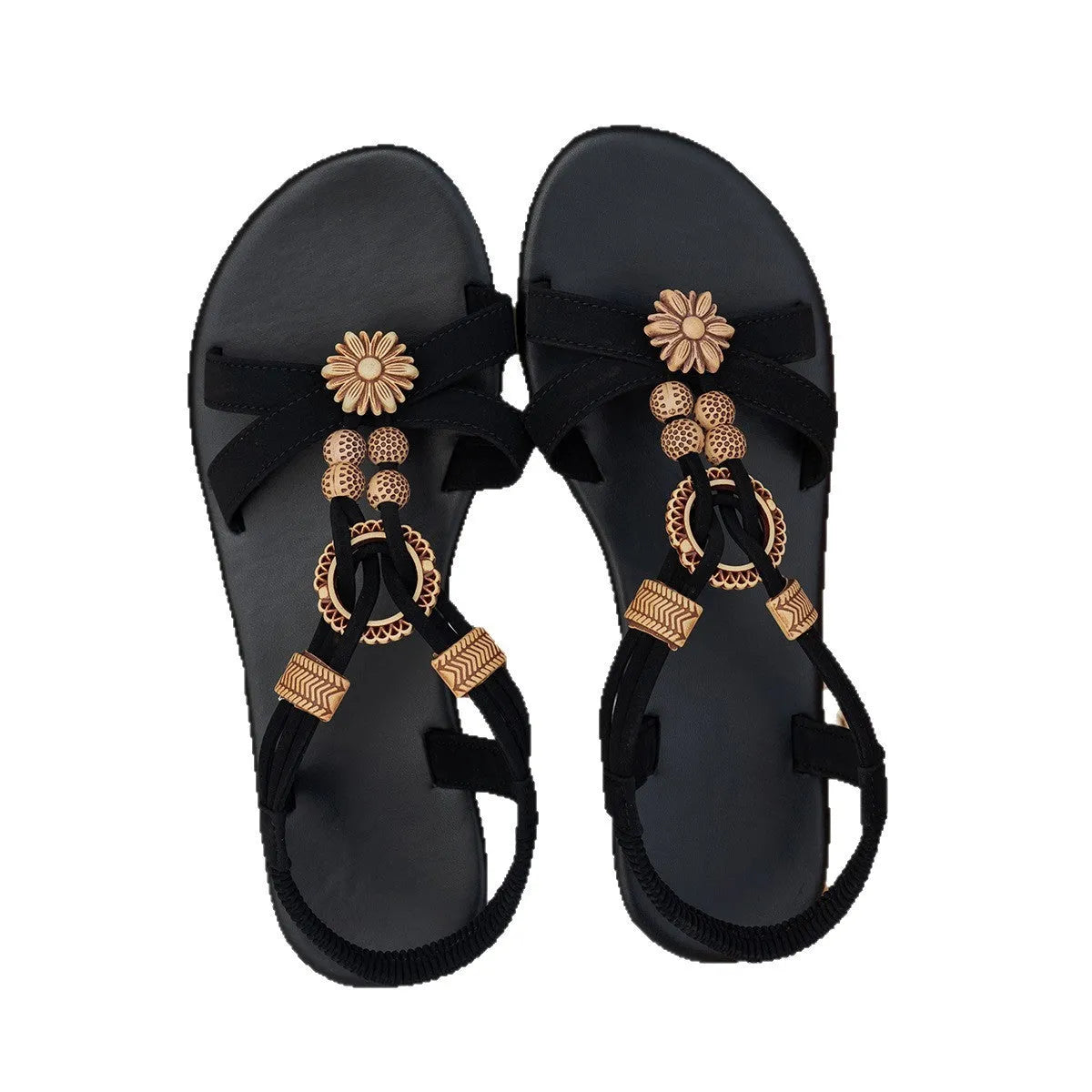 Women's black ethnic style flat sandals with beaded weave pattern, open toe design, and elastic band fastening