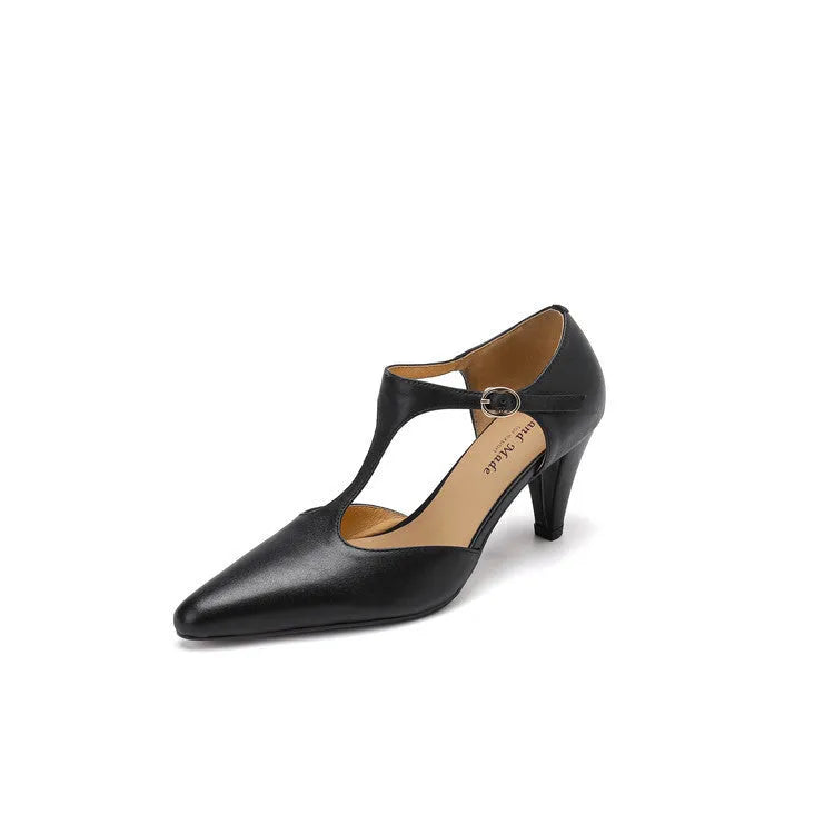 Brown retro women's sandals with T-strap buckle, closed toe, and a short stout high heel.