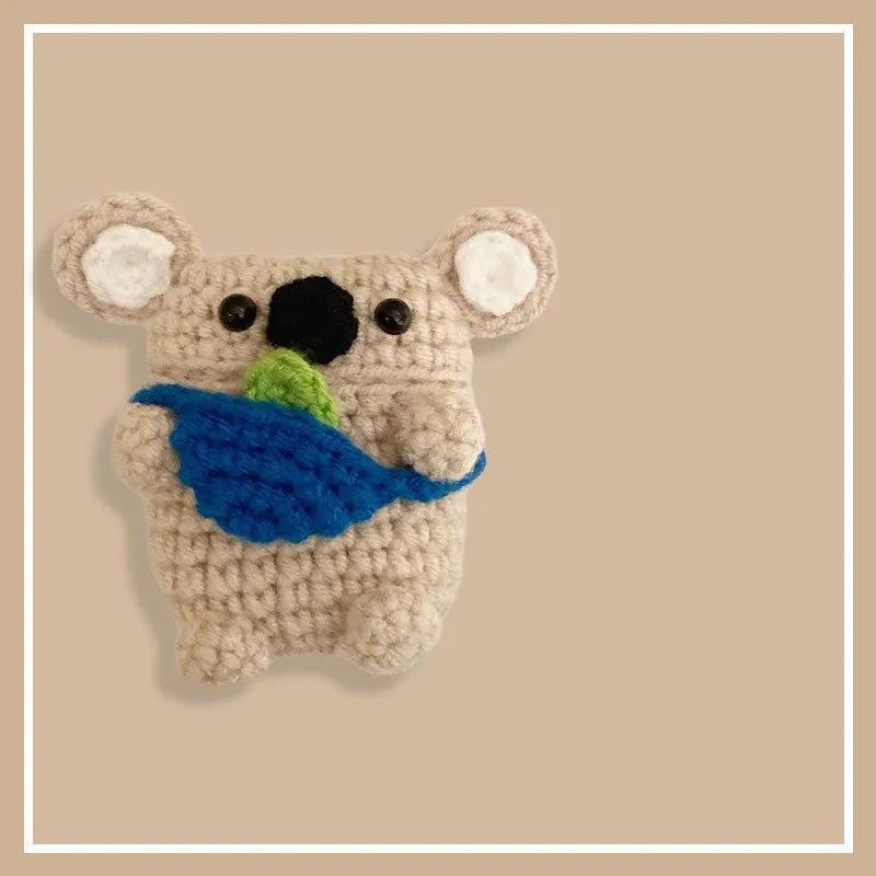 Hand-knitted koala bear backpack design cover for Apple AirPods and AirPods Pro charging case.