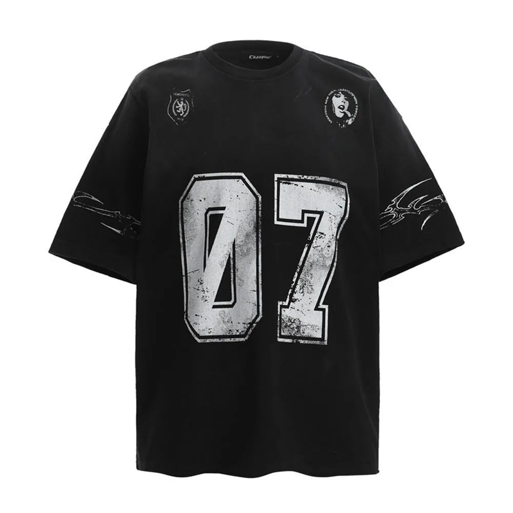 Men's black and white printed short-sleeved cotton T-shirt laid flat.