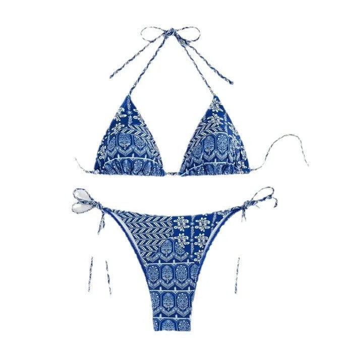 Women's bandage-style split bikini swimsuit with printing and stitching detail in multiple colours