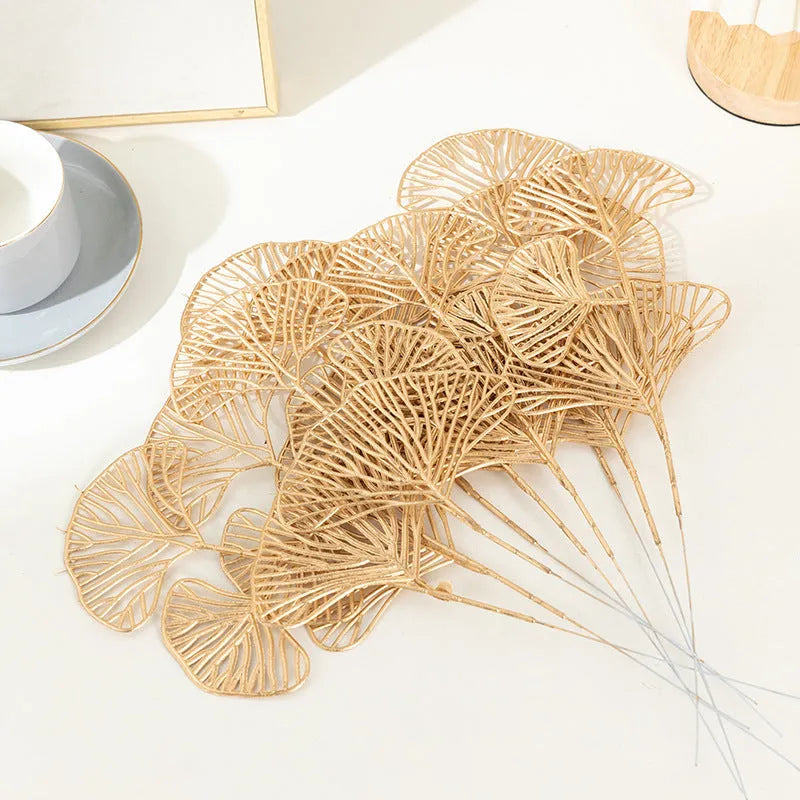 Artificial Persian eucalyptus ginkgo leaf flower arrangement in gold plastic for wedding home decor