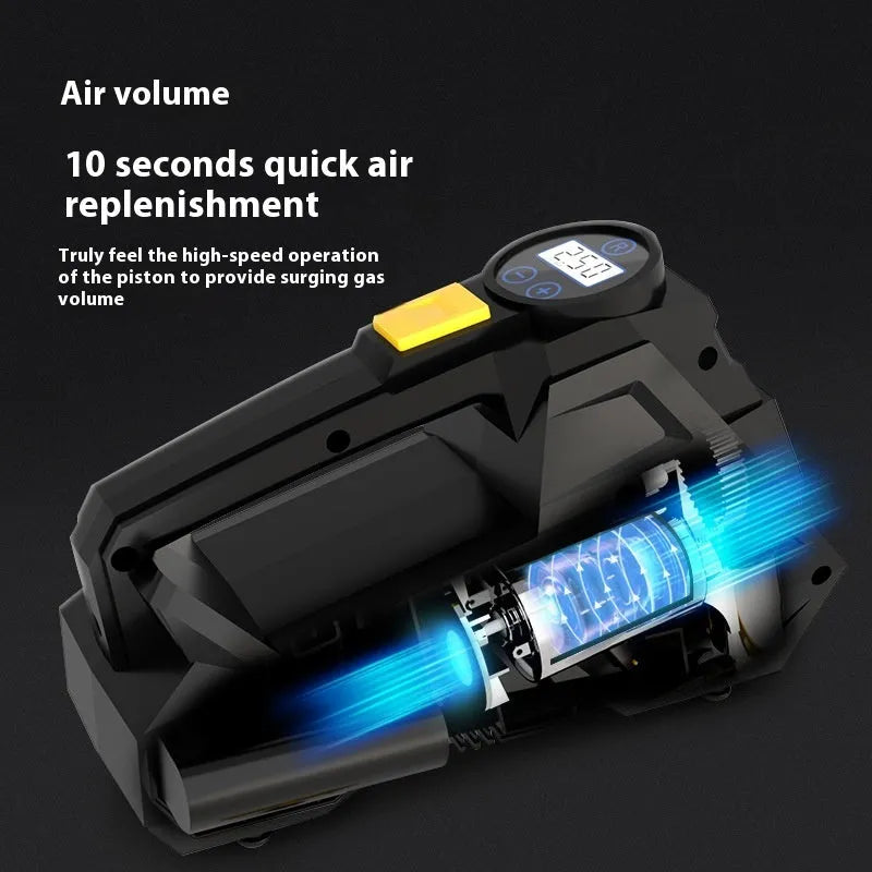 Black vehicle-mounted electric tyre inflator with digital display and 12V power cable