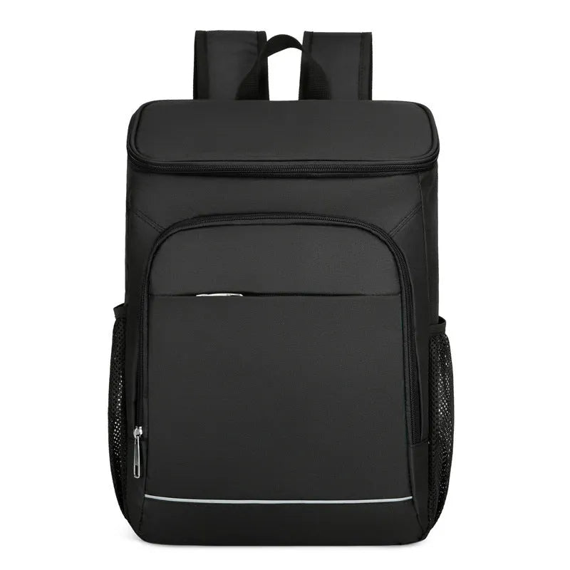 Large black outdoor thermal picnic backpack with curved shoulder straps on a gray background.