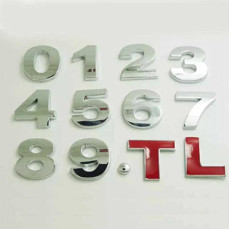 3D metal car letter sticker in zinc alloy showing raised black letter on silver background