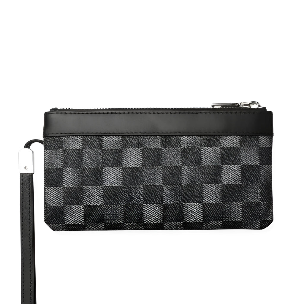 Black plaid men's leather clutch wallet made from genuine cowhide, showing front view.