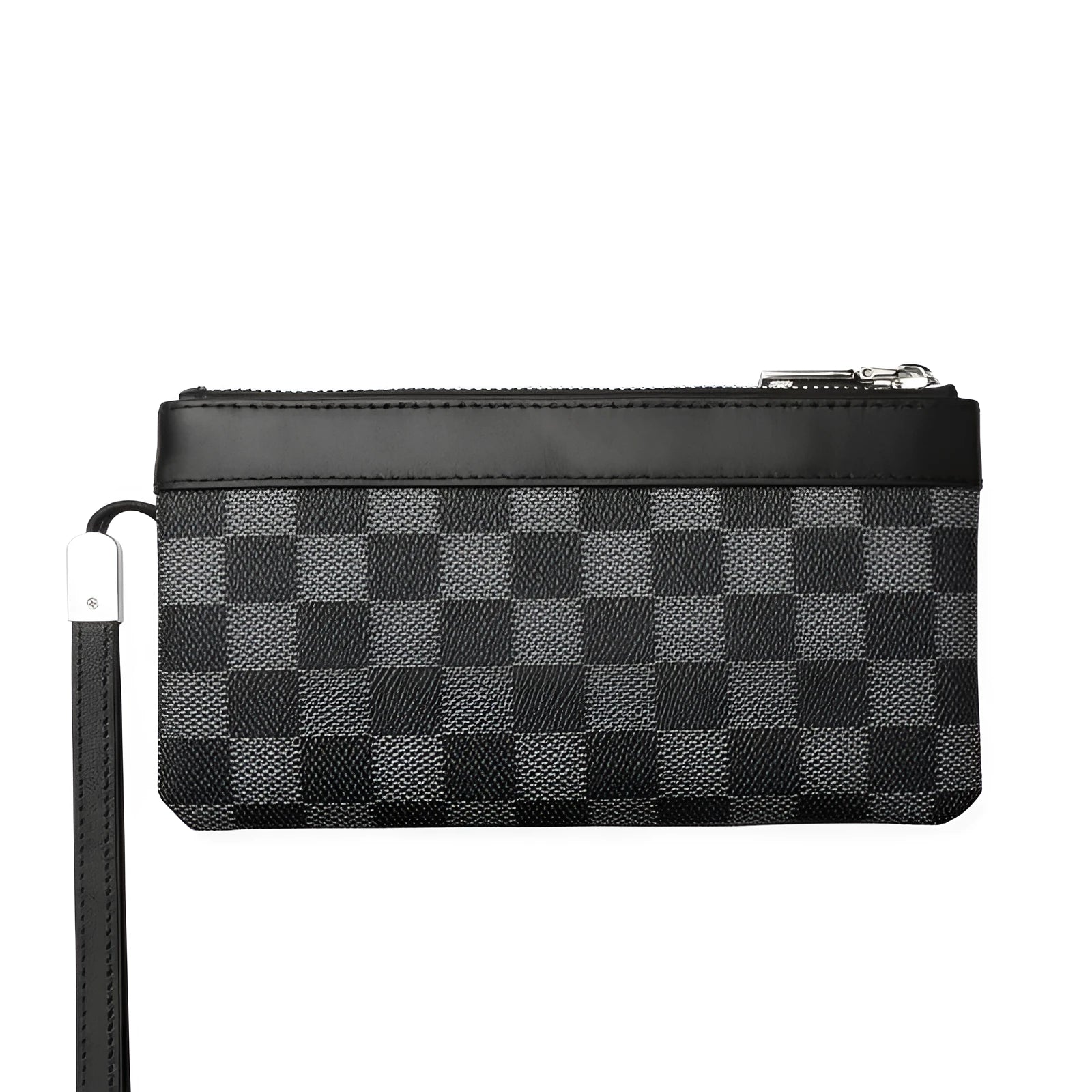 Black plaid men's leather clutch wallet made from genuine cowhide, showing front view.