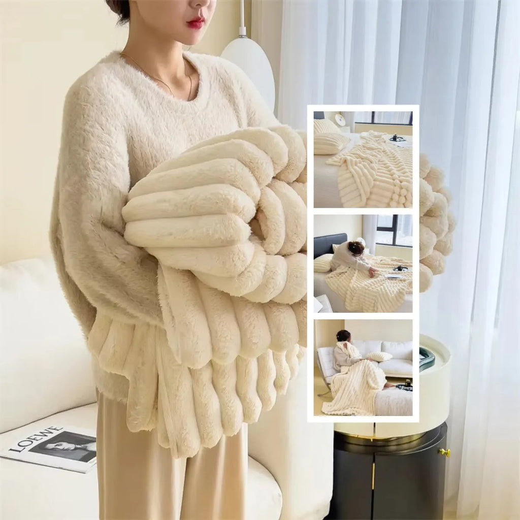 Soft bubble faux rabbit fur blanket in blue, double-sided thickening, polyester fibre throw with solid colour pattern.