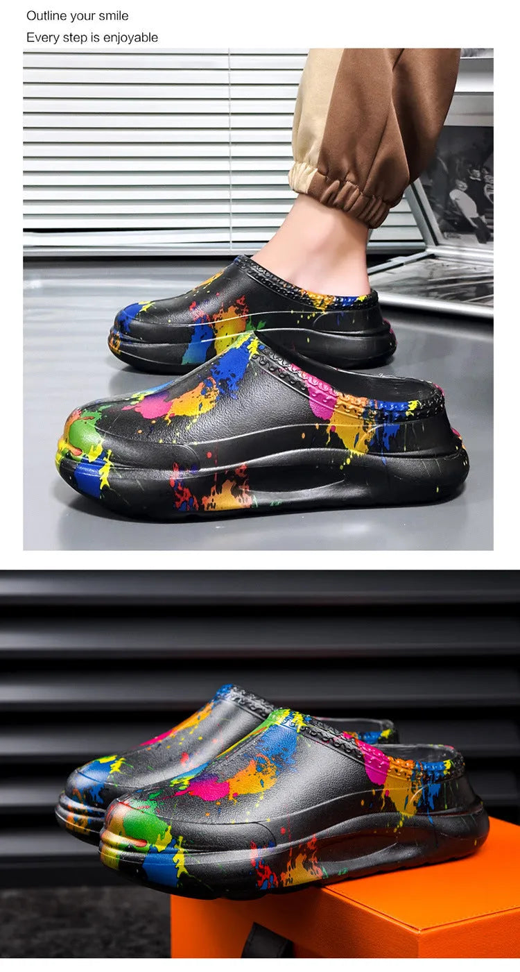 Men's black waterproof EVA work shoes with toe cap protection and textured sole