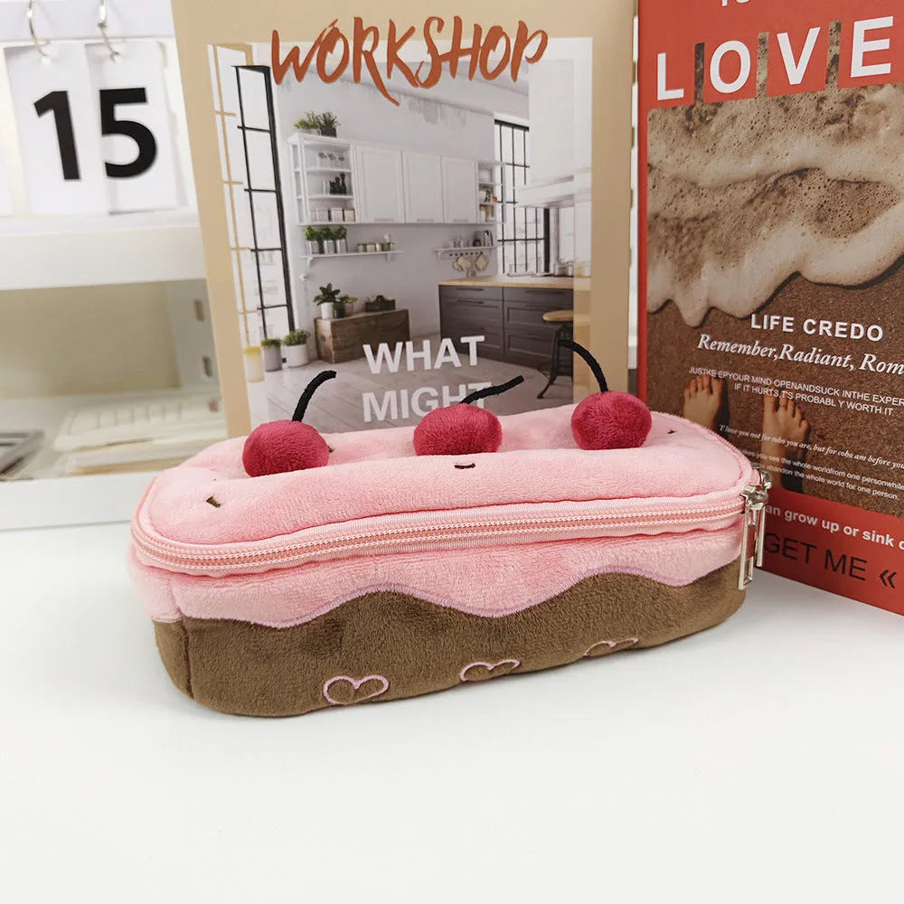Cherry Cake coloured velvet pencil bag with Korean style design.