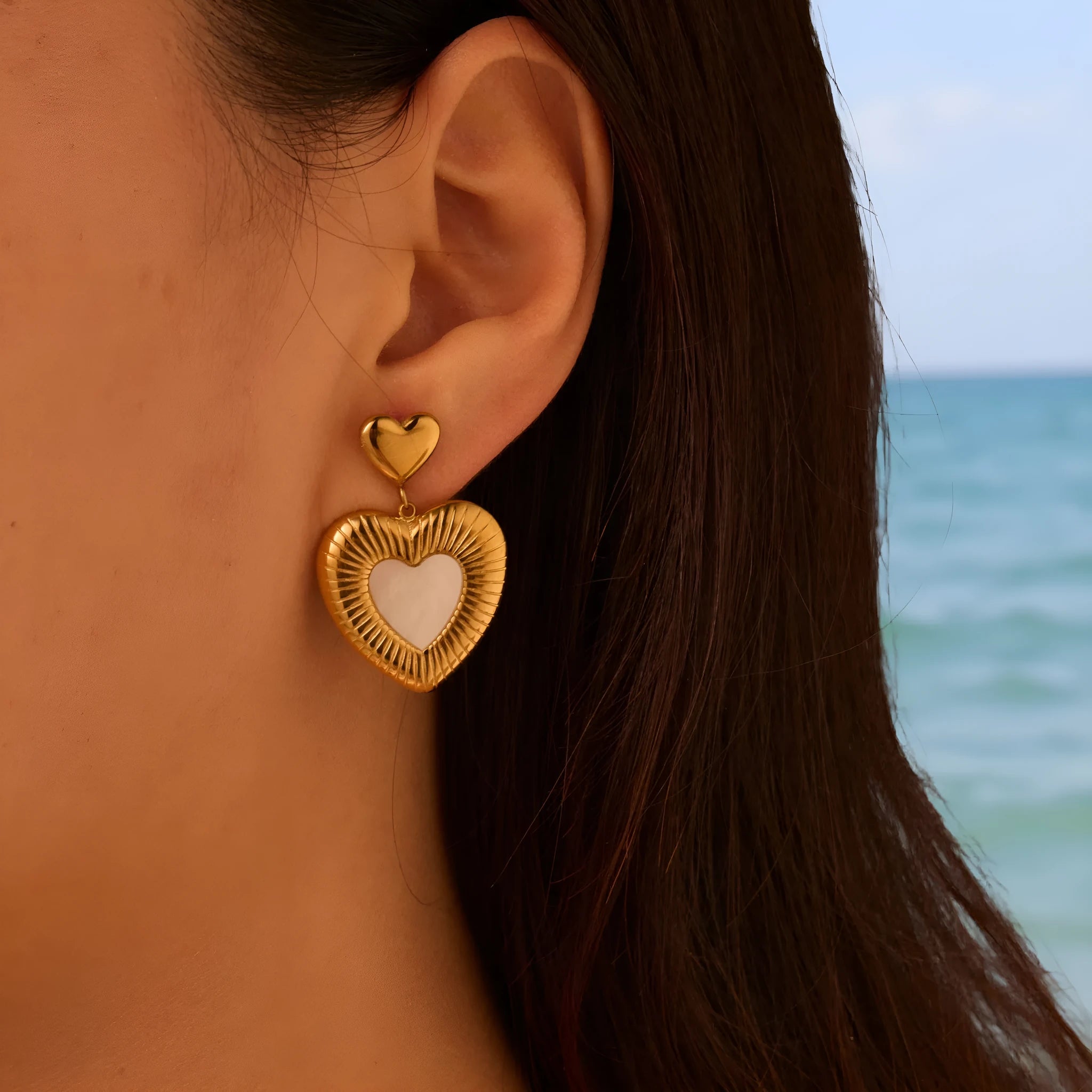 Gold-plated heart-shaped fritillary earrings with stainless steel construction and electroplated finish