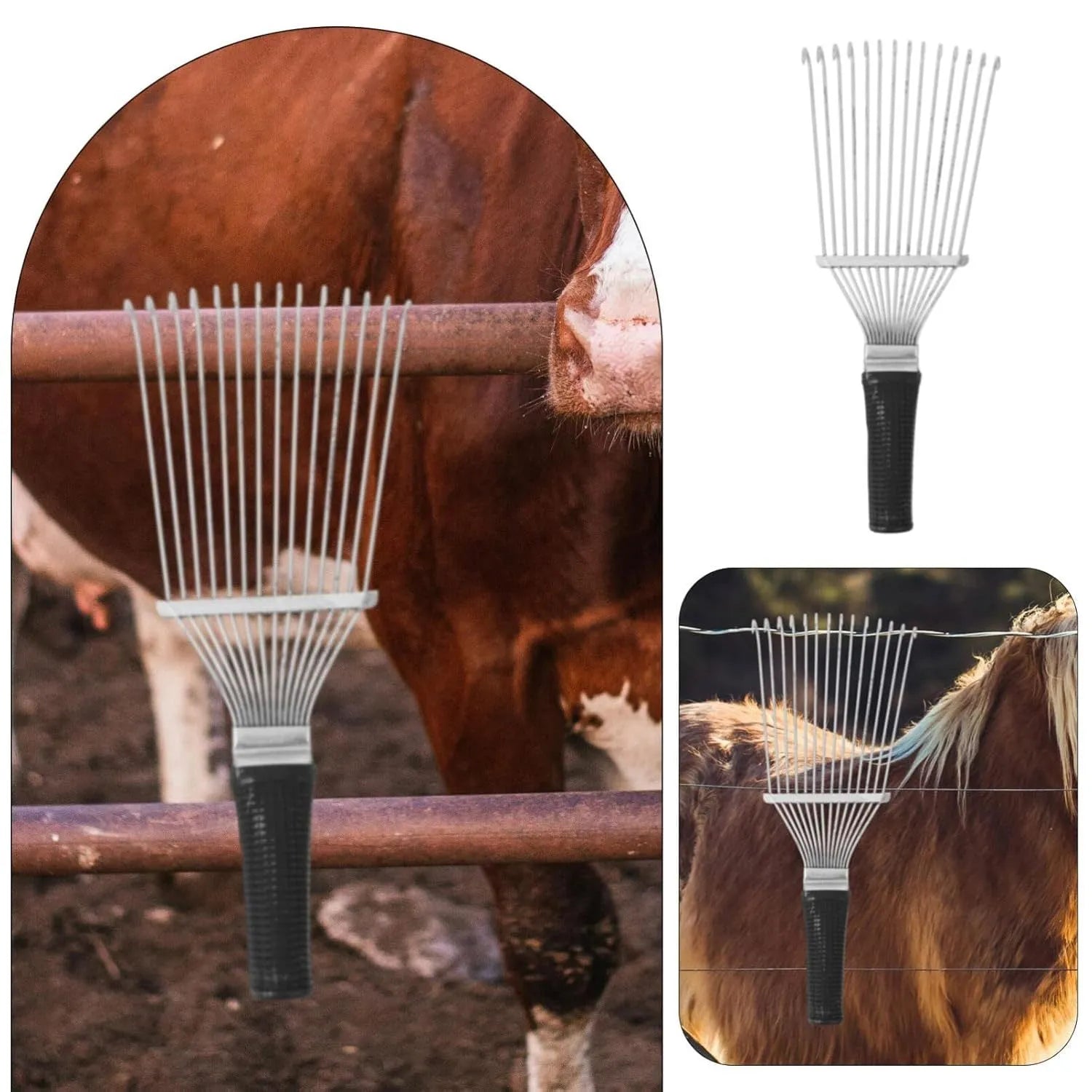 Black stainless steel pet grooming comb rake tool, 33cm long, for horses and dogs
