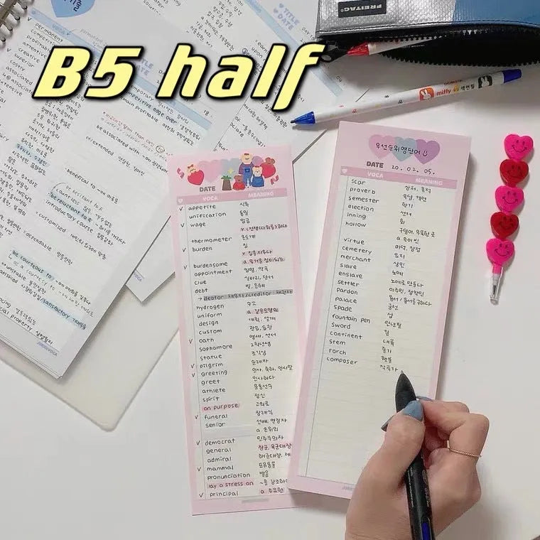 B5 half-size notepad with English words learning paper in blue, pink, or purple cover options