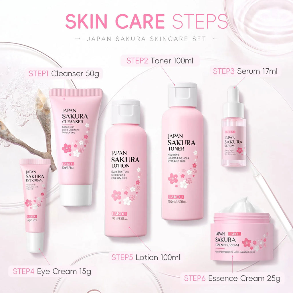 Cherry Blossom 6-piece skin care set with cleanser, toner, cream, essence, eye cream and cream for cleansing and brightening