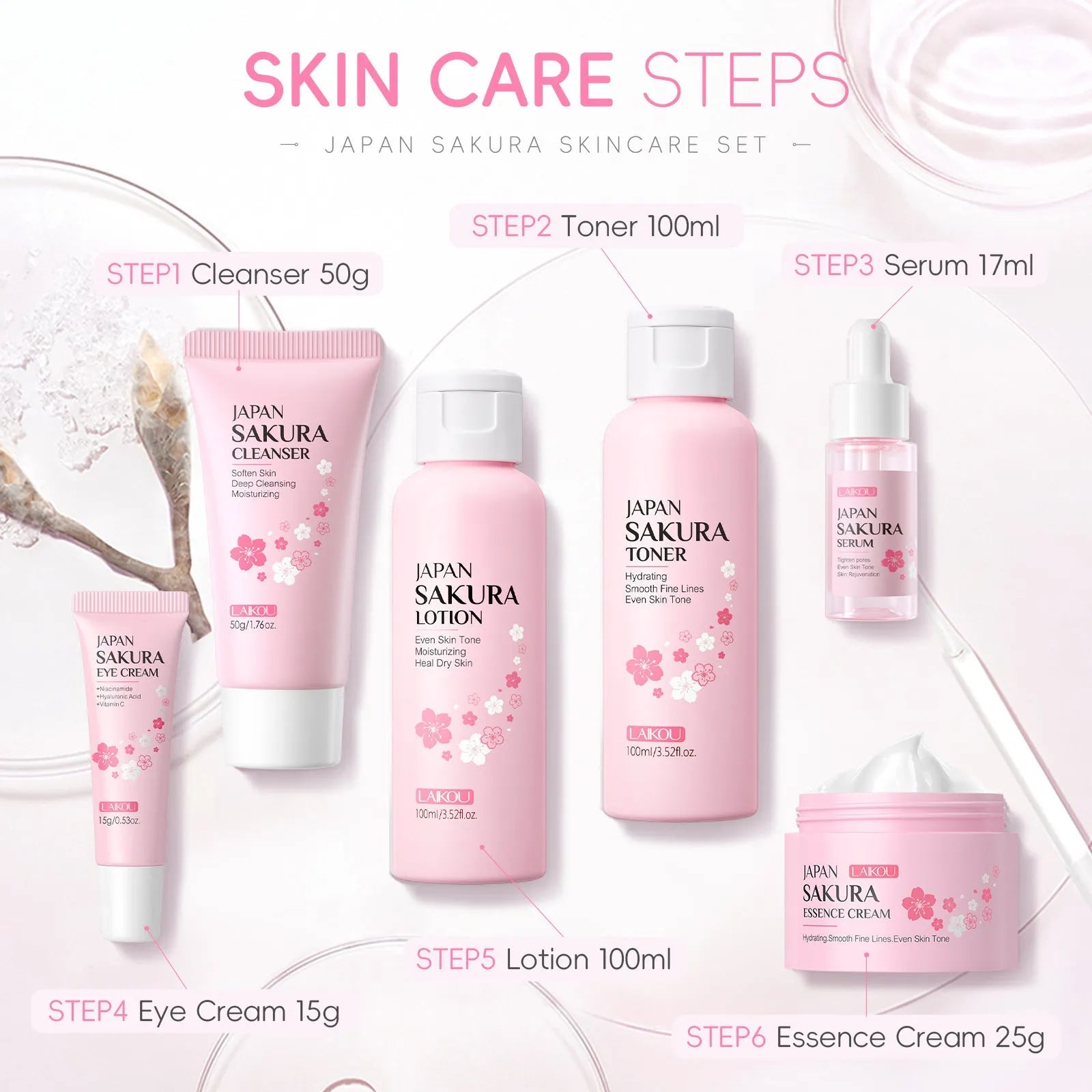Cherry Blossom 6-piece skin care set with cleanser, toner, cream, essence, eye cream and cream for cleansing and brightening