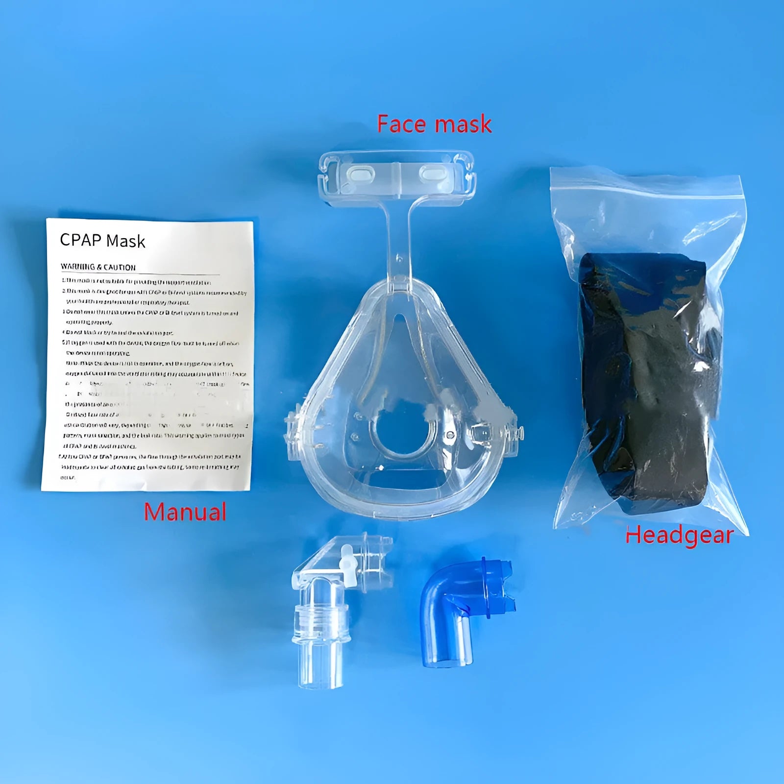 Transparent CPAP breathing mask with medical silicone seal and dual rotary elbows for ventilator connection
