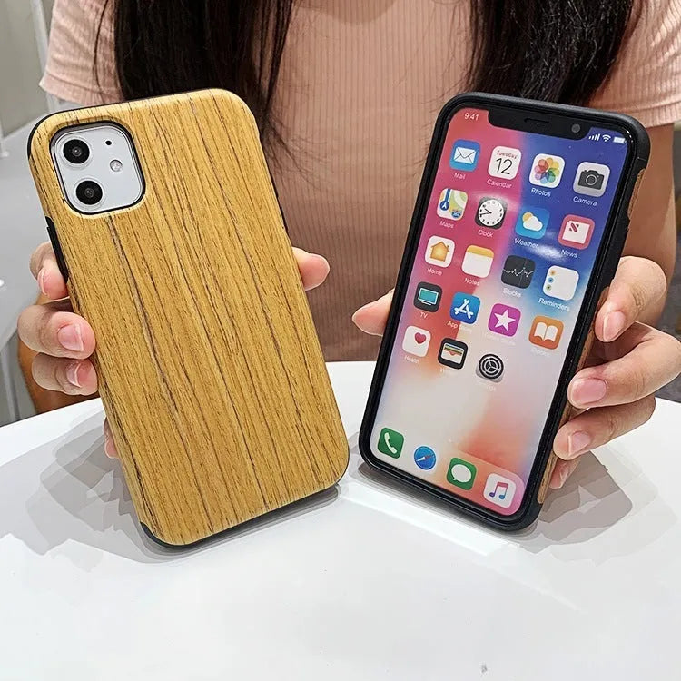 Wooden mobile phone case for iPhone showing natural bamboo grain and rosewood finishes