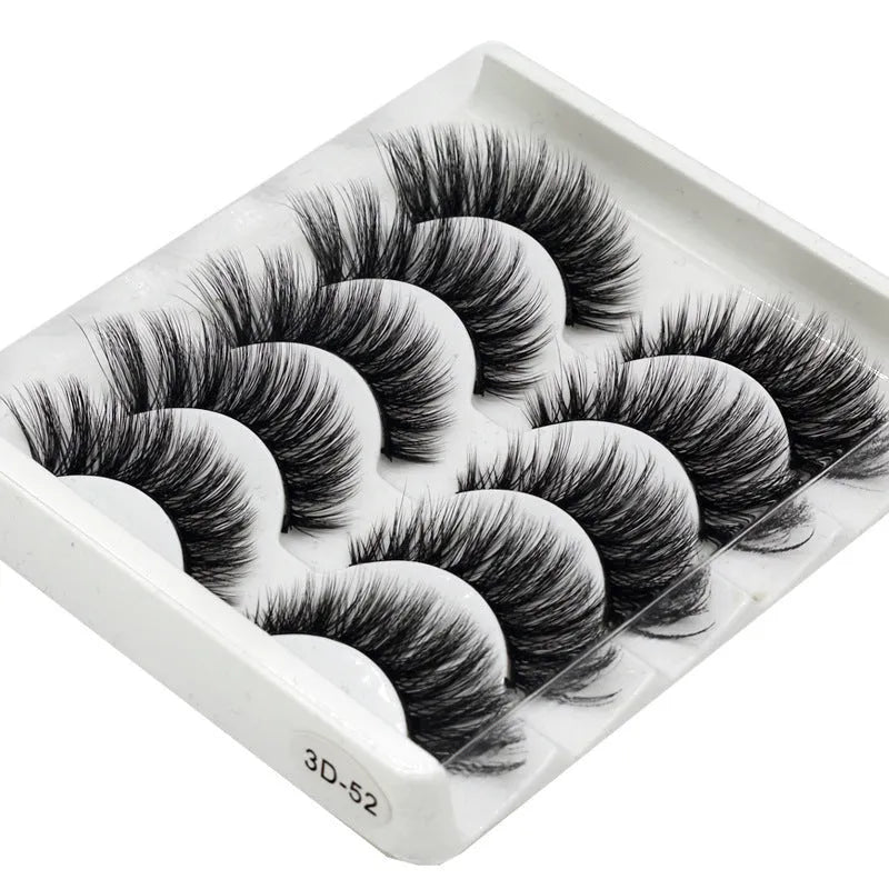 Handmade thick long natural false eyelashes in 3D fiber construction, pack of 5 pairs