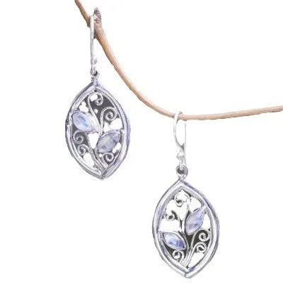 Silver colour women's earrings with leaves design and embedded colourful moonstones