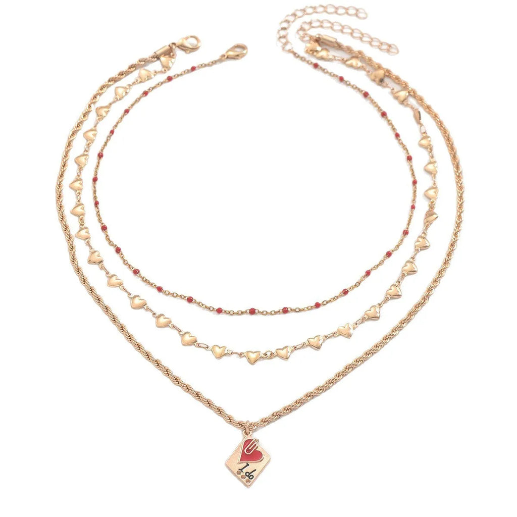 Silver adjustable three-layer clavicle chain necklace with a geometric love pendant.