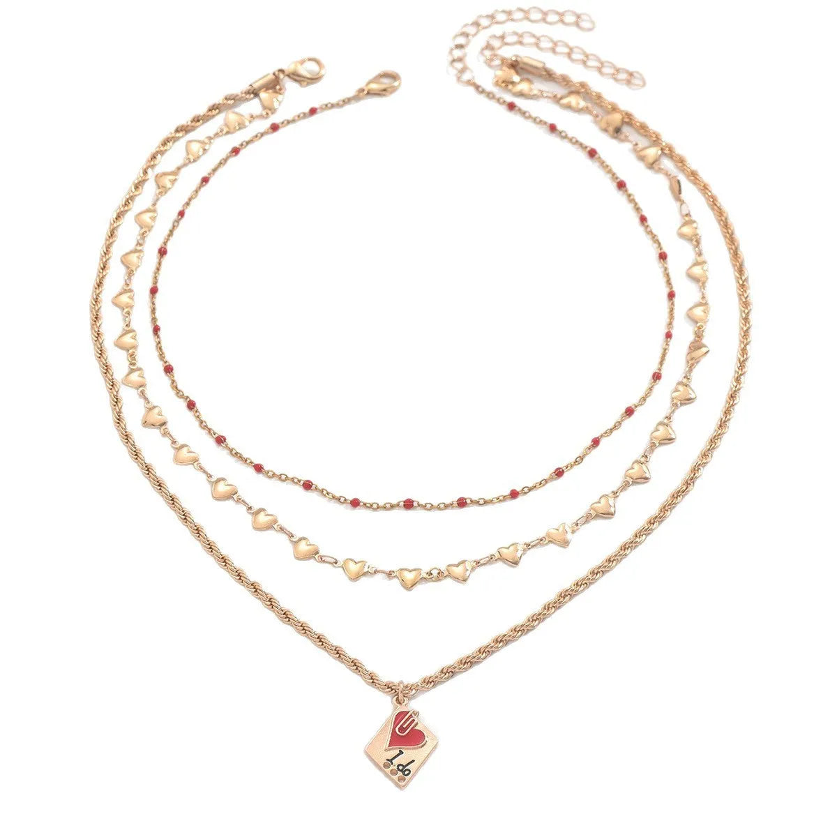 Silver adjustable three-layer clavicle chain necklace with a geometric love pendant.