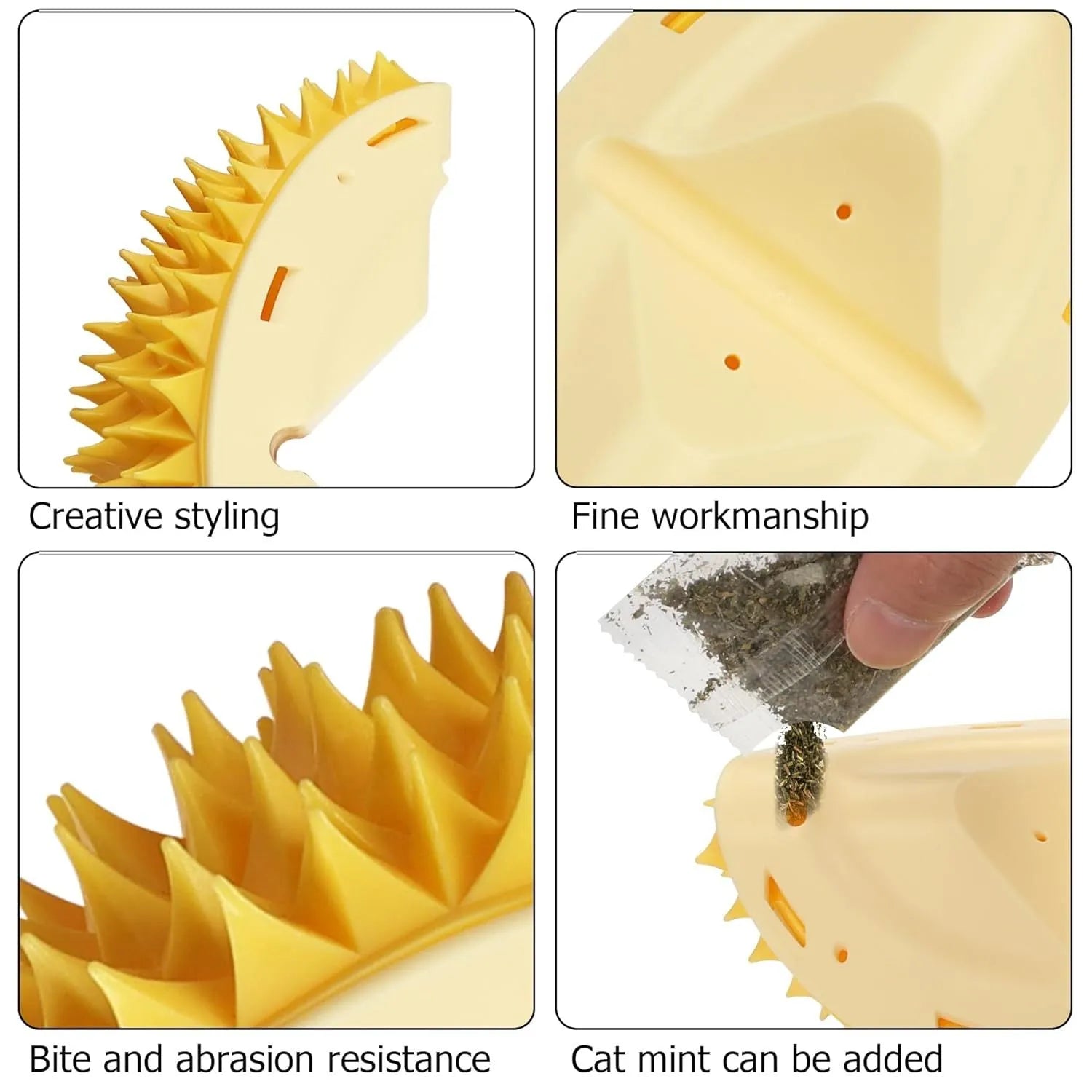 Yellow durian-shaped cat corner scratcher with built-in massage comb for wall corners