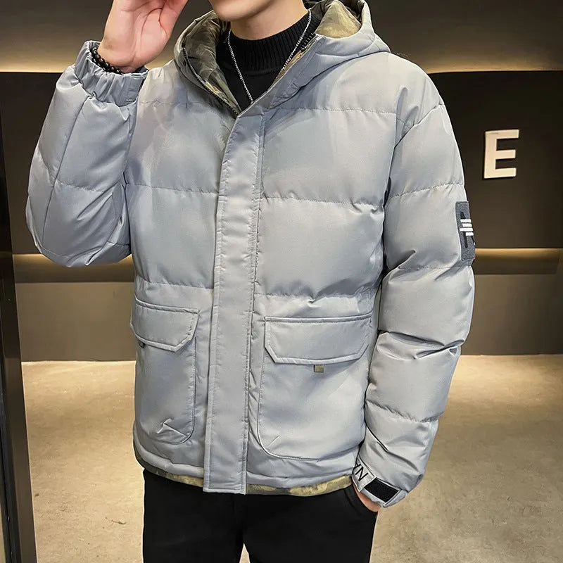 Men's hooded cotton-padded coat in loose cardigan style, black colour, with polyester filling