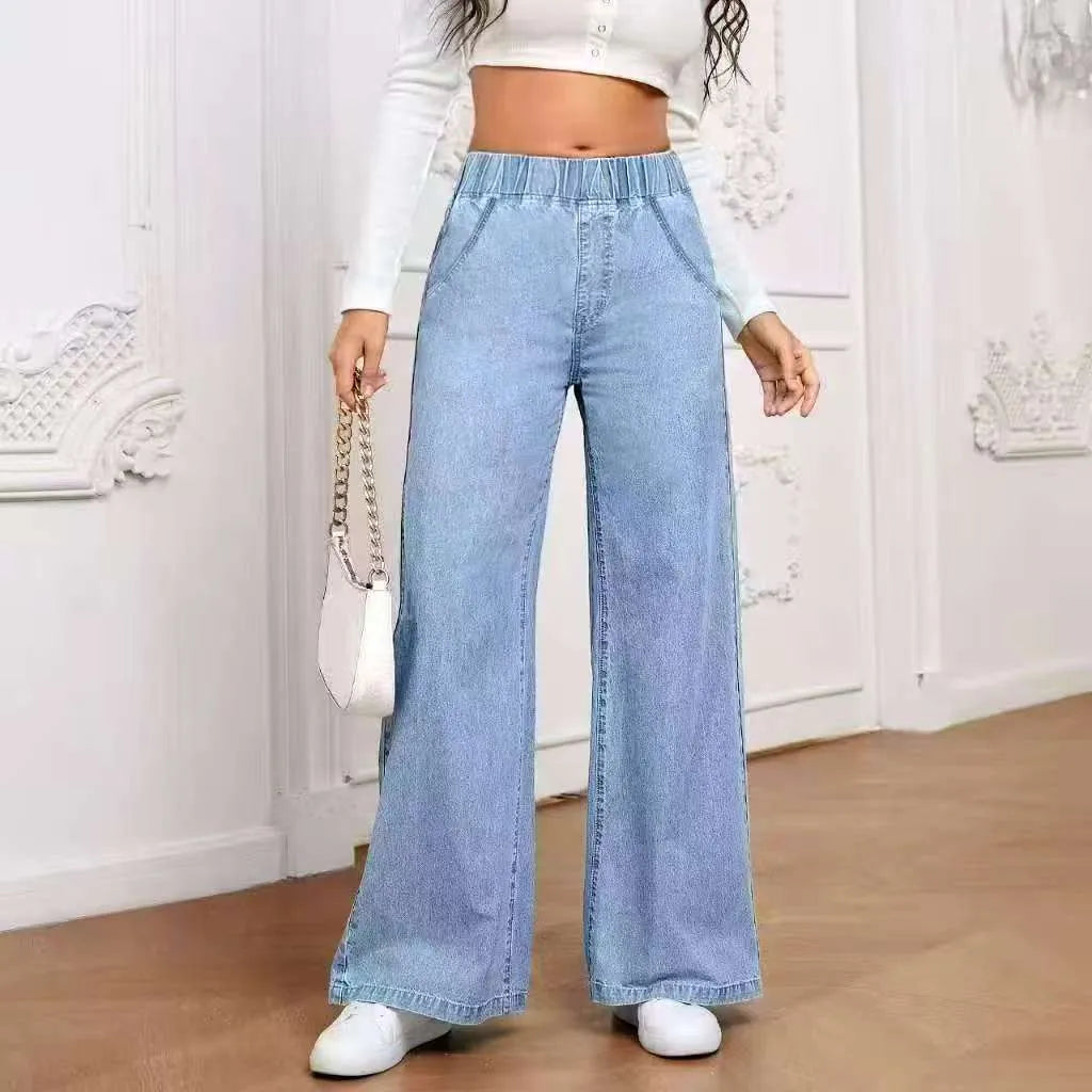 Light blue washed wide-leg straight jeans on a hanger, showing zip fly and mid-waist design.
