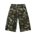 Men's loose-fit camouflage cotton wide-leg cropped jeans with side stitching and large pockets.