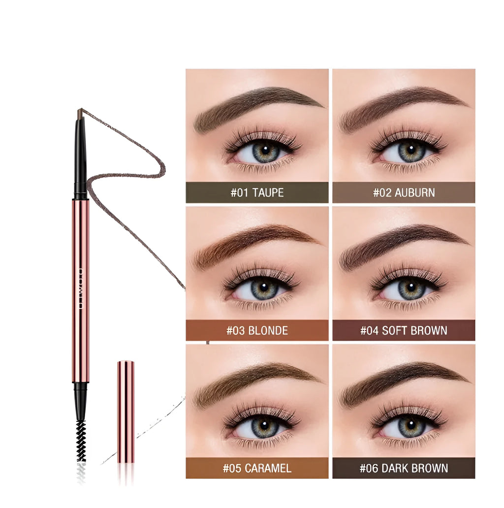 Eyebrow makeup pencil in colour box packaging, shown in shades of Auburn, Blonde, Caramel, Dark Brown, Soft Brown, and Taupe.