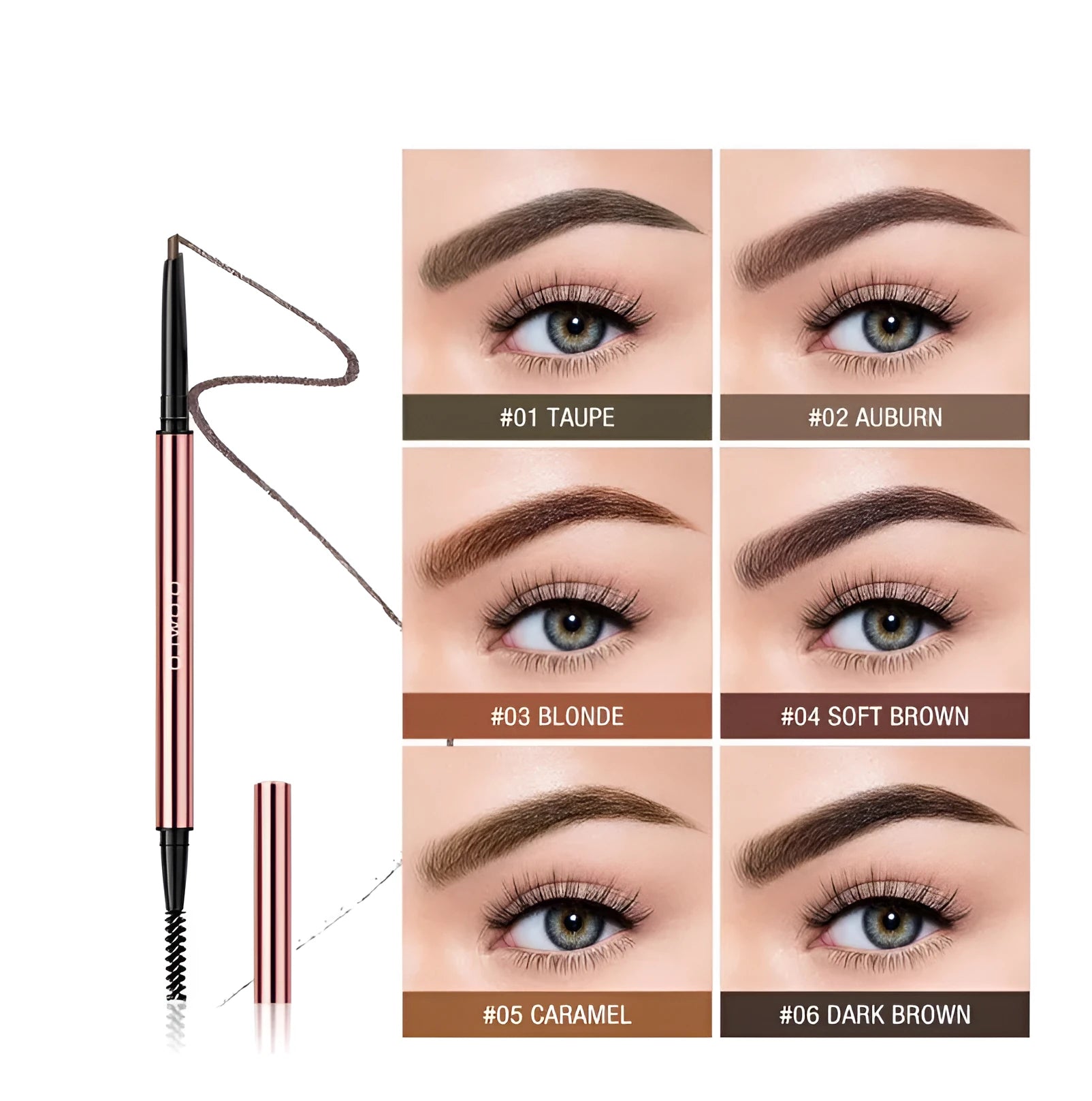Eyebrow makeup pencil in colour box packaging, shown in shades of Auburn, Blonde, Caramel, Dark Brown, Soft Brown, and Taupe.
