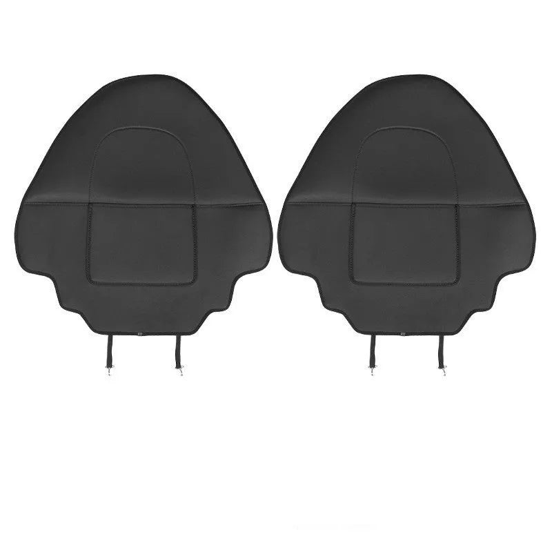 Black leather rear anti-kick pad for car seats, shown with dimensions 68cm long by 42cm wide.