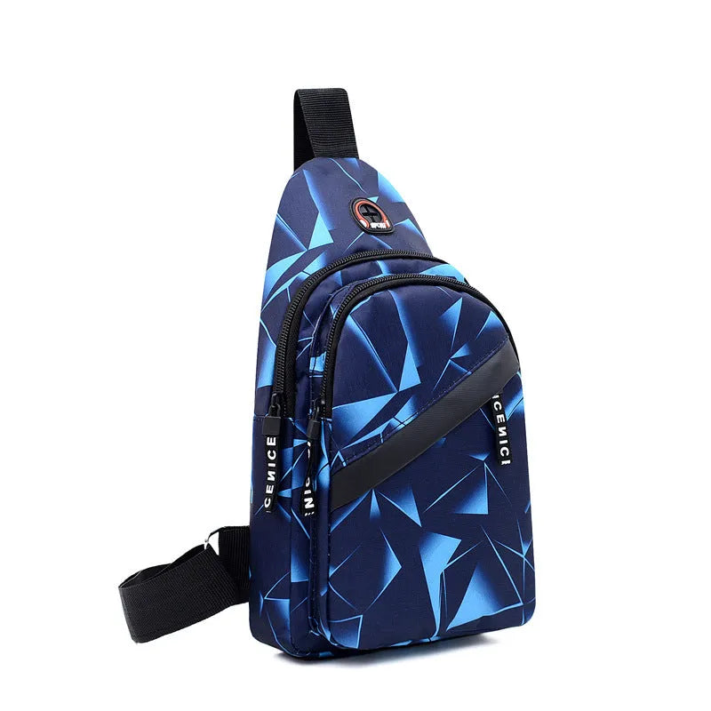 Blue print sling chest bag for men with crossbody strap and visible earphone hole