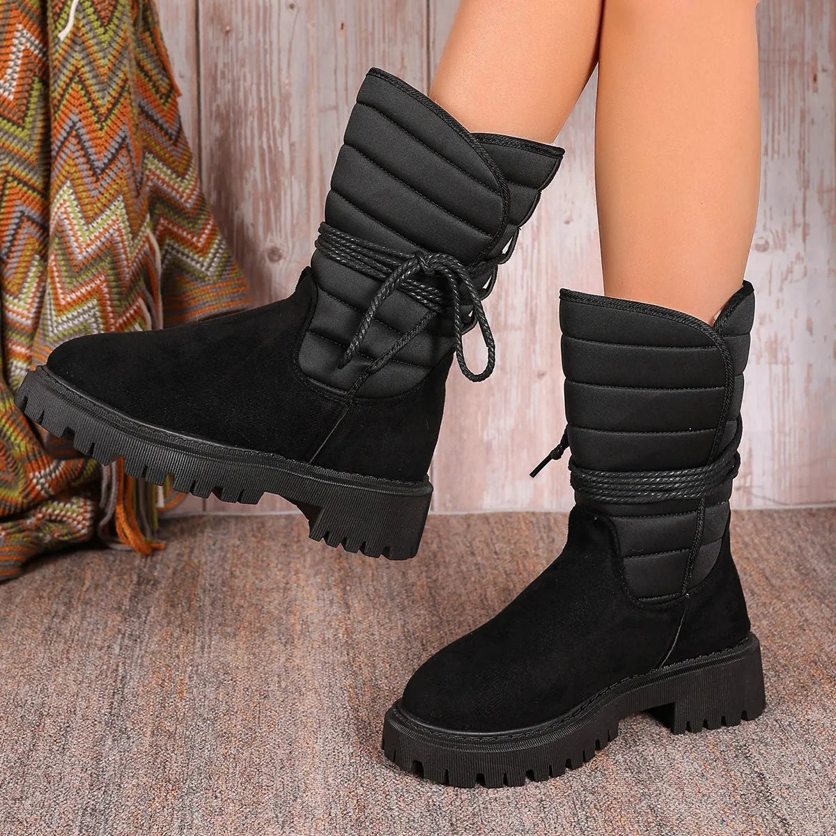 Women's chunky heel mid-calf snow boot with lace-up front and fleece lining in black, brown, or grey.