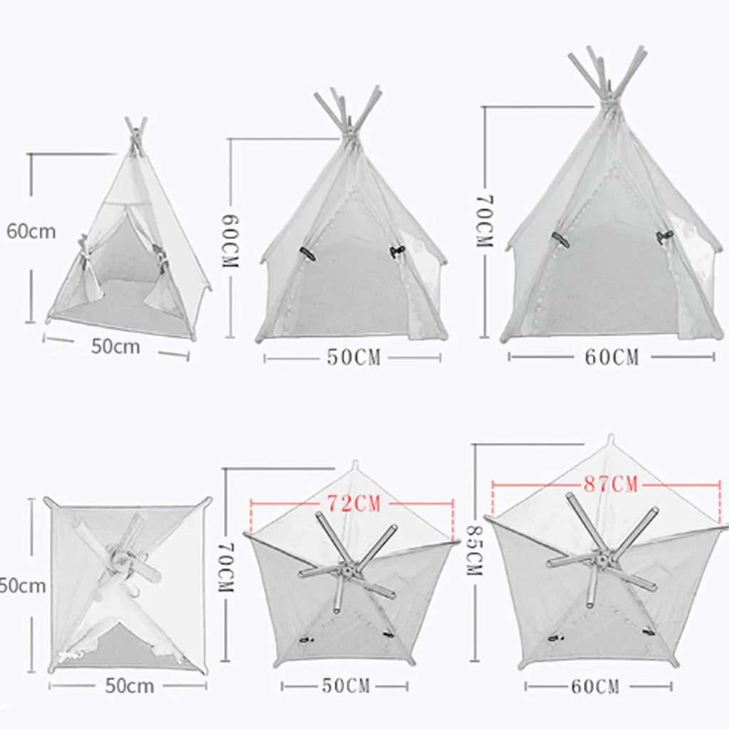 Small striped pet teepee tent with cushion inside for a dog or cat.