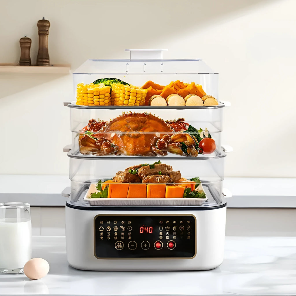 28 litre stainless steel electric steamer with transparent lid and automatic measuring function