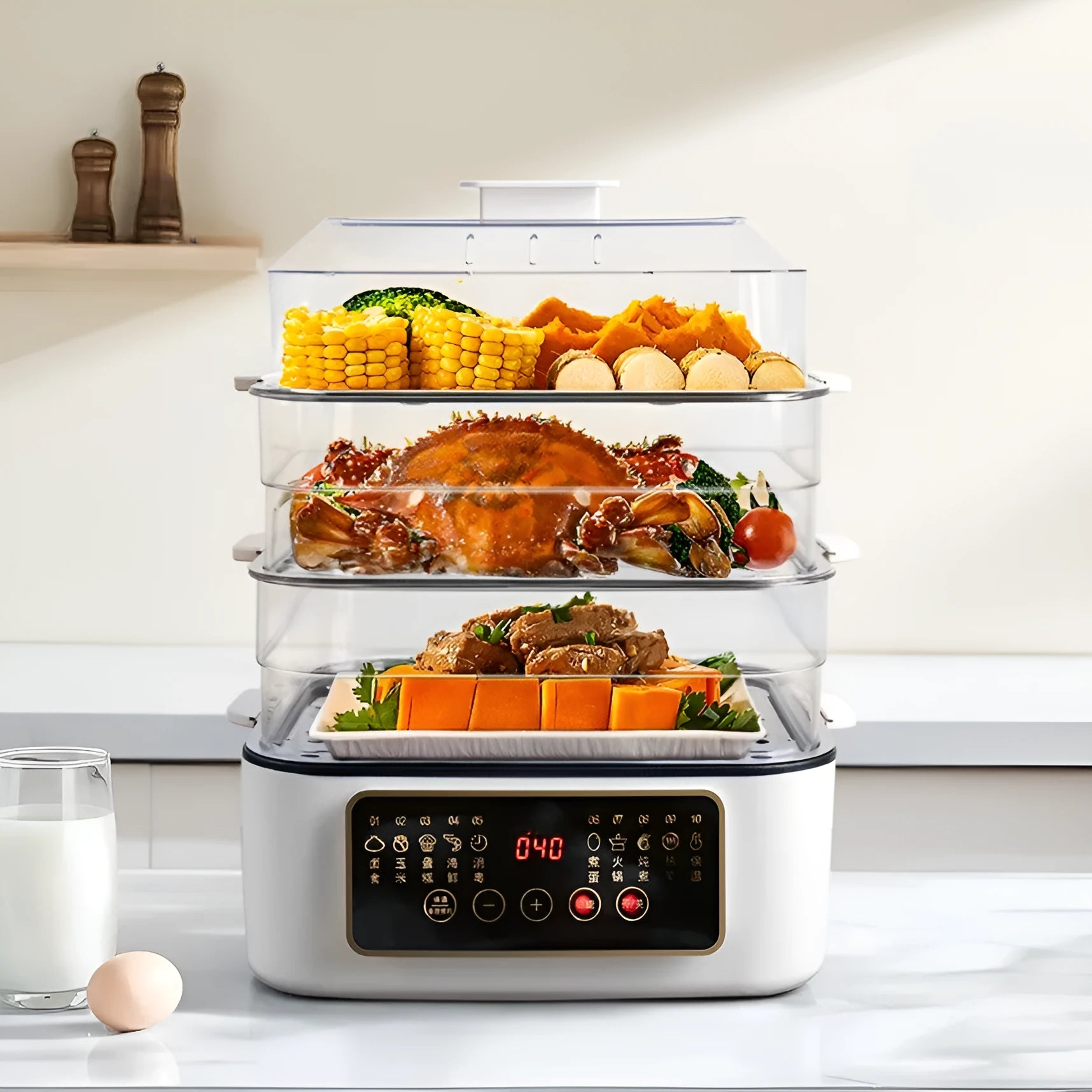 28 litre stainless steel electric steamer with transparent lid and automatic measuring function