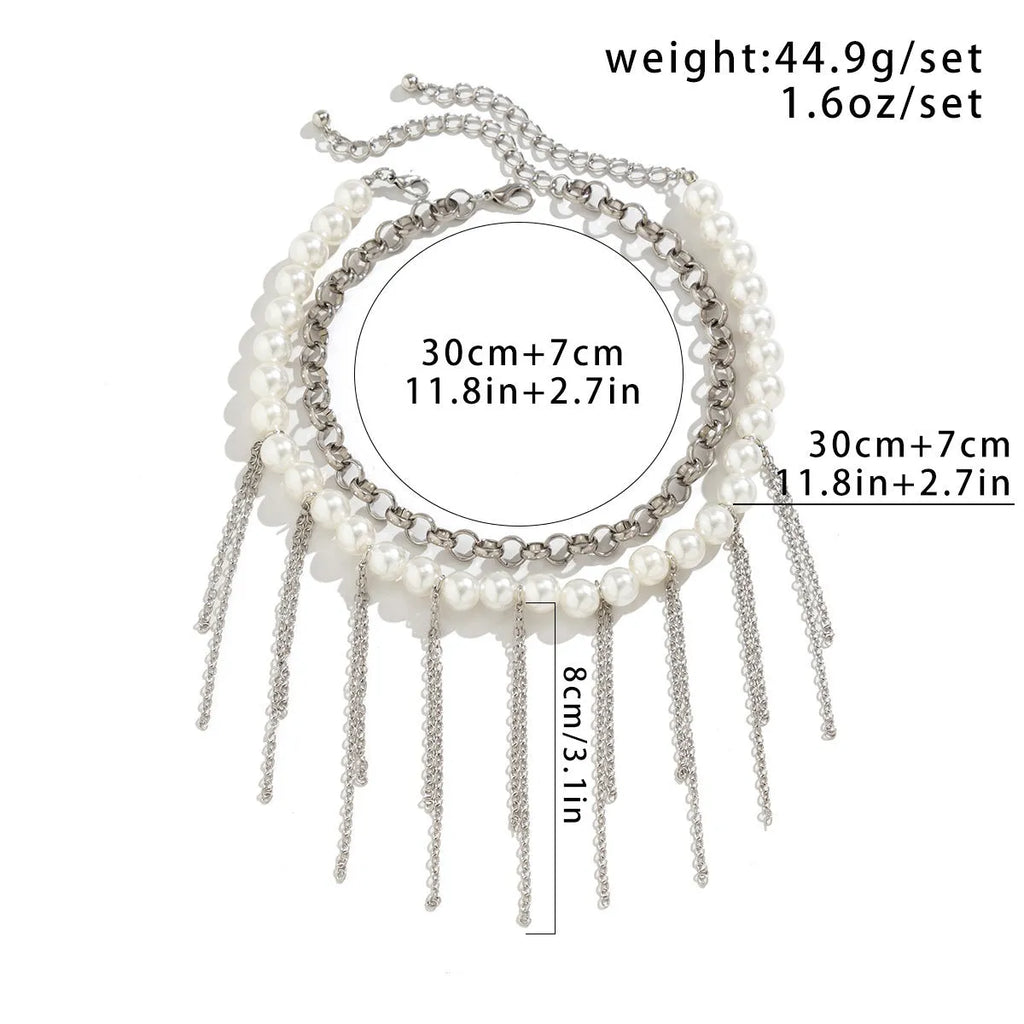 Double-layer retro necklace with imitation pearls, geometric iron pendant, tassel chain, and ball bead chain in White K finish