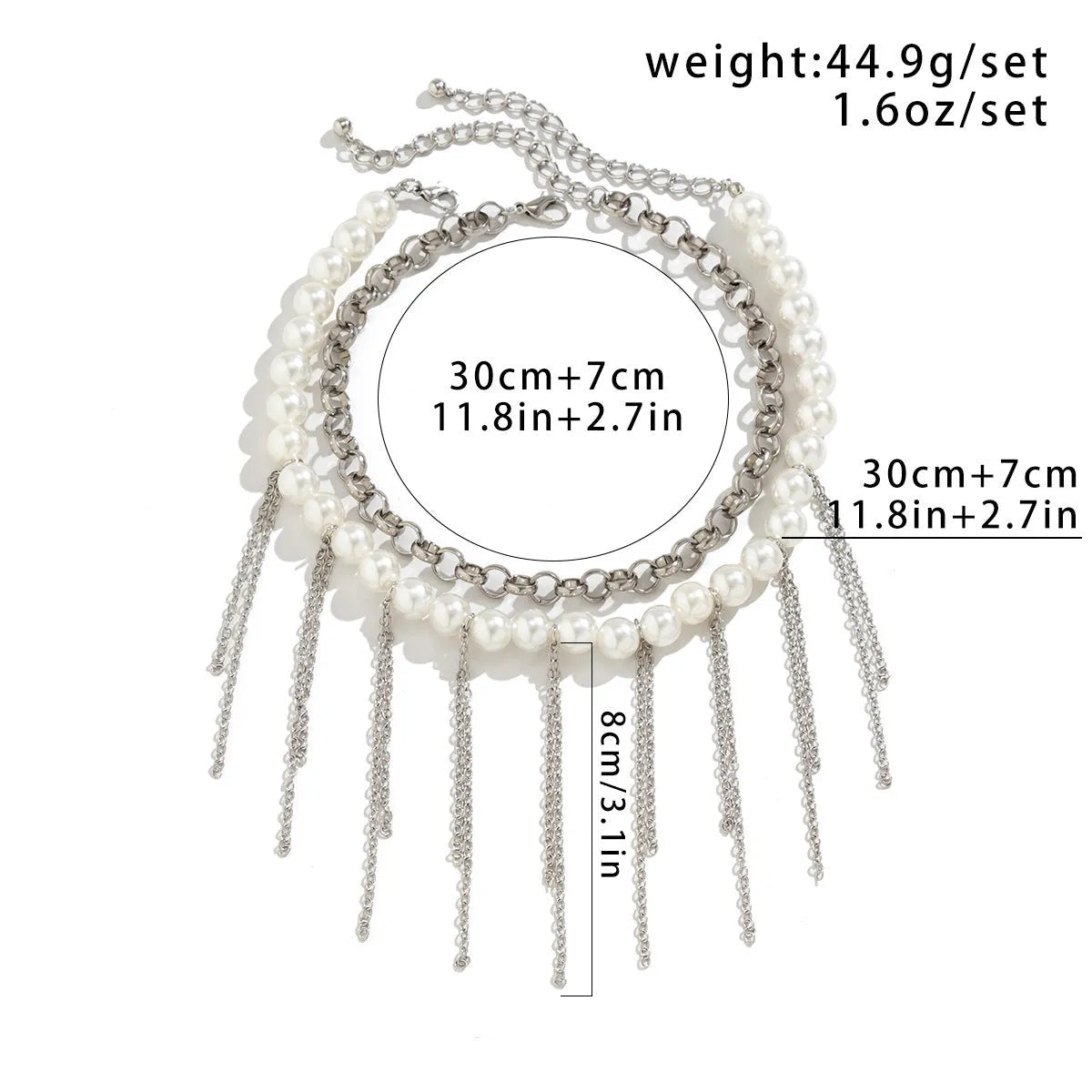 Double-layer retro necklace with imitation pearls, geometric iron pendant, tassel chain, and ball bead chain in White K finish