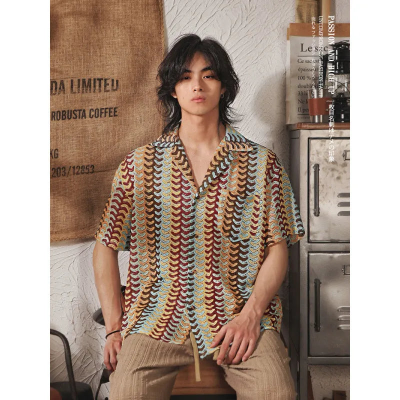 Grey men's short sleeve shirt with Cuban collar and jacquard pattern, shown in slim fit