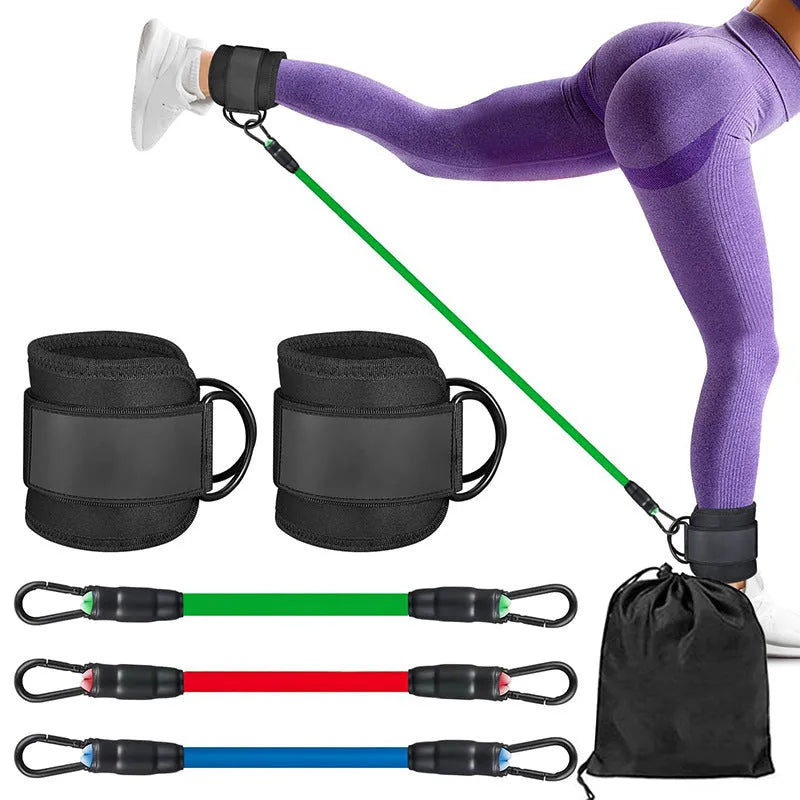 Set of three TPE resistance bands (10lb, 20lb, 30lb) with two black foot loops and a storage bag.