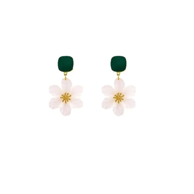 Dark green alloy drop earrings with sterling silver needle flowers design for women
