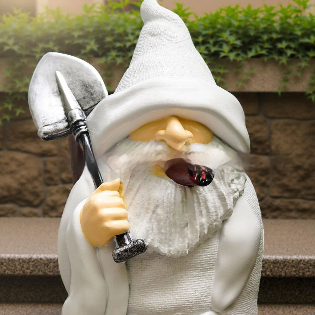 Christmas garden ornament featuring smoking shovel dwarf design in resin and plastic construction