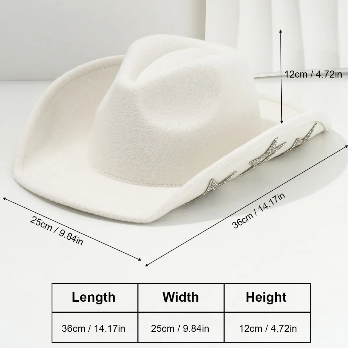 Brown polyester Western denim top hat with a conical crown and a silver hexagonal star decoration on the front.