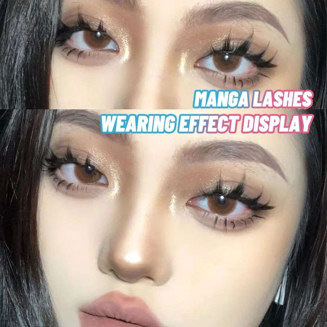 Set of manga style false eyelashes showing natural slim length styles 007, 008, and 009 on black plastic bands.