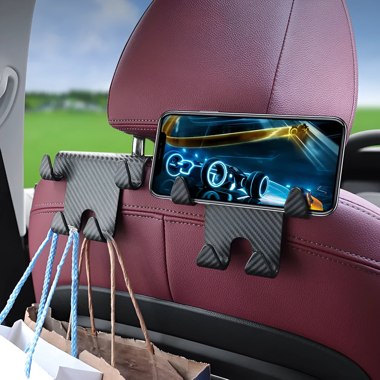 Black ABS plastic car hook bracket with integrated phone holder, shown from the side.