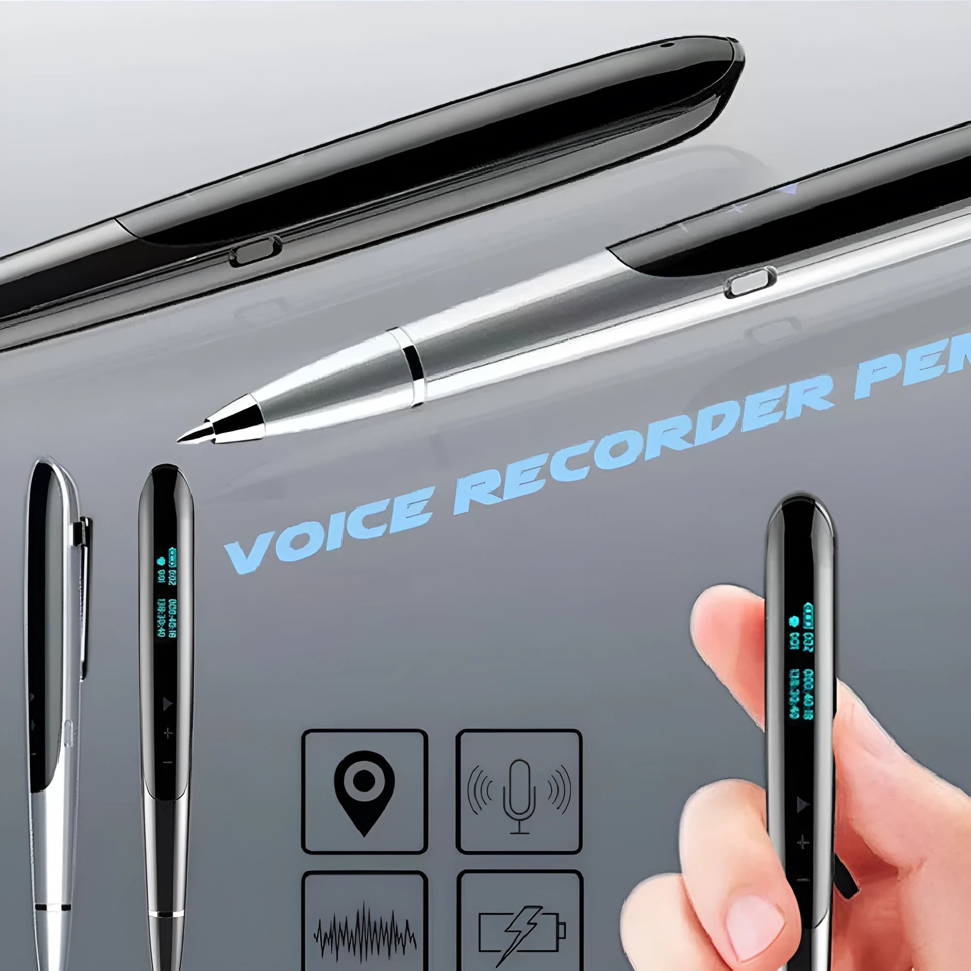 Digital recording pen with OLED display screen and zinc alloy construction in black or silver colours