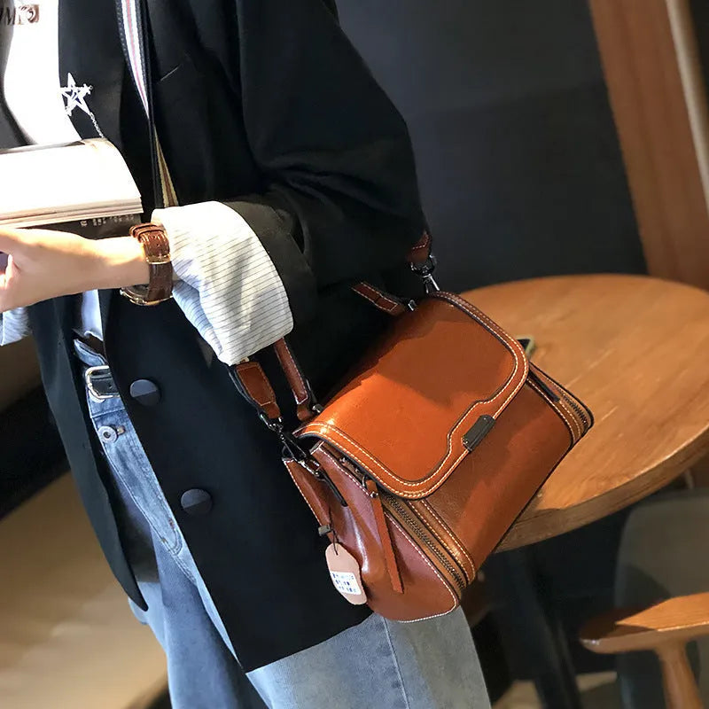 Women's genuine leather retro messenger bag in horizontal square shape with double shoulder straps