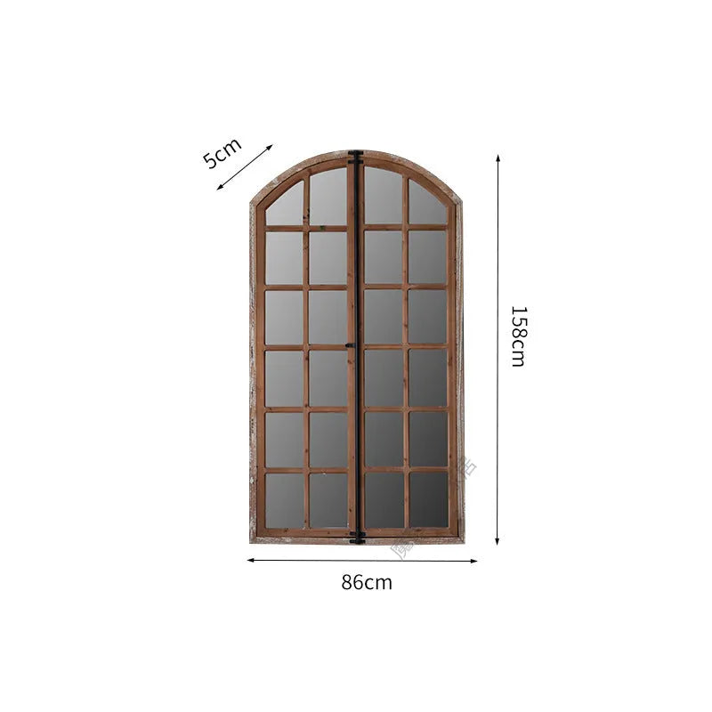 Terrace distressed wooden fake window wall mirror with log-coloured frame